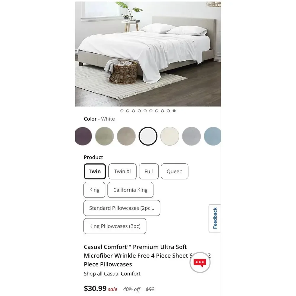 NEW! Casual Comfort iEnjoy Twin 4PC Premium Sheet Set White